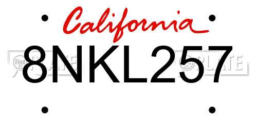 8NKL257 California License Plate