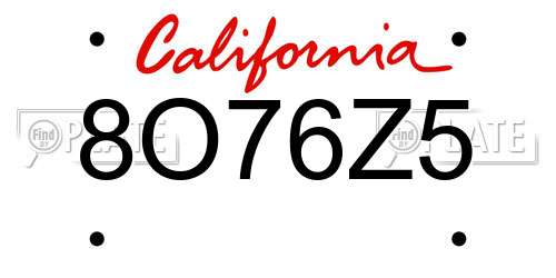 8O76Z5 California License Plate