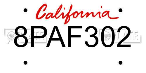 8PAF302 California License Plate