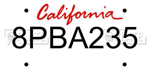 8PBA235 California License Plate