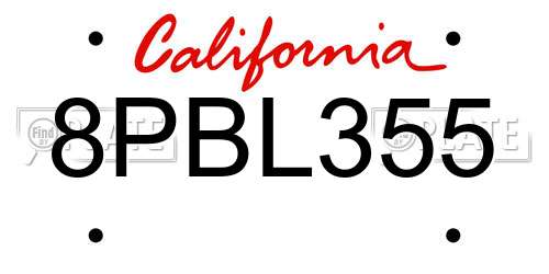8PBL355 California License Plate