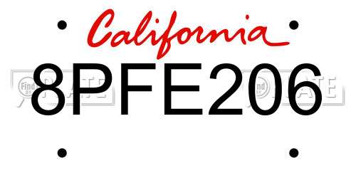 8PFE206 California License Plate