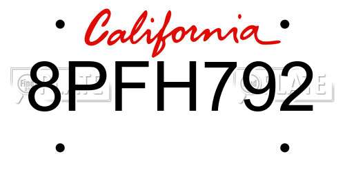 8PFH792 California License Plate