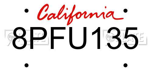8PFU135 California License Plate