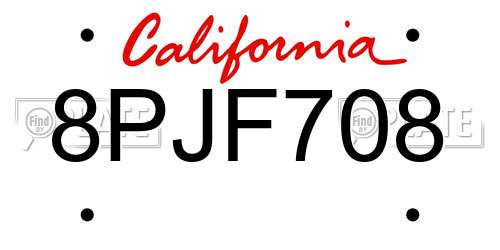 8PJF708 California License Plate