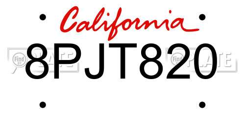 8PJT820 California License Plate