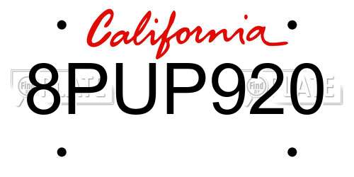 8PUP920 California License Plate
