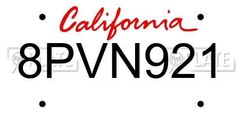 8PVN921 California License Plate