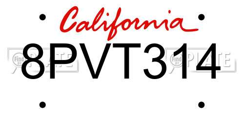 8PVT314 California License Plate