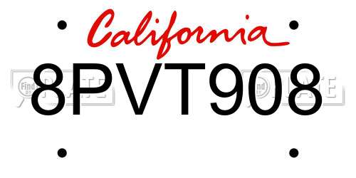 8PVT908 California License Plate