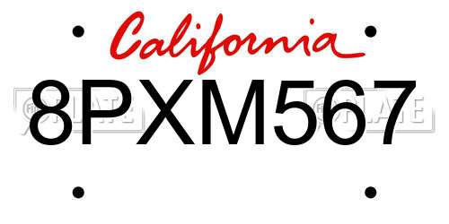8PXM567 California License Plate