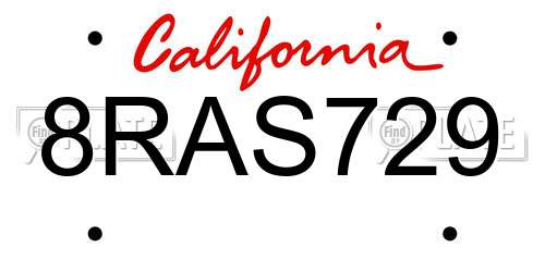 8RAS729 California License Plate