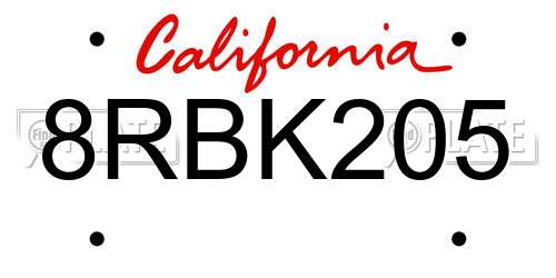 8RBK205 California License Plate