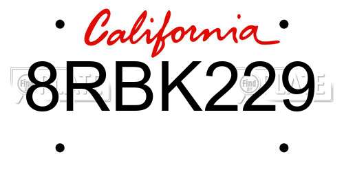 8RBK229 California License Plate