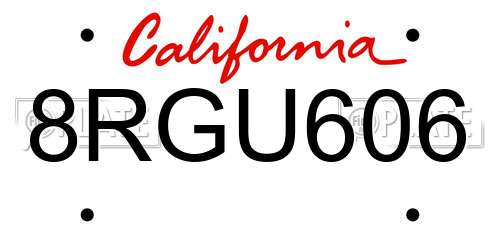 8RGU606 California License Plate