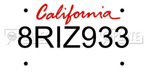 8RIZ933 California License Plate