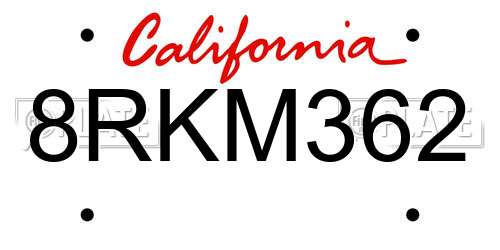 8RKM362 California License Plate