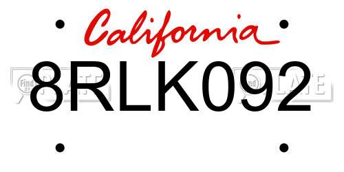 8RLK092 California License Plate