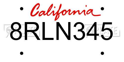 8RLN345 California License Plate