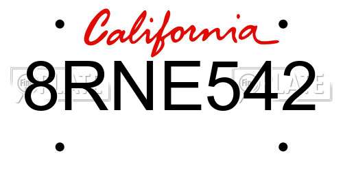 8RNE542 California License Plate