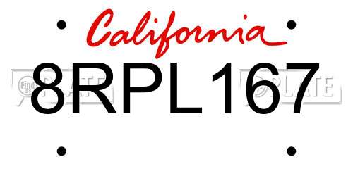 8RPL167 California License Plate