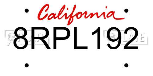 8RPL192 California License Plate