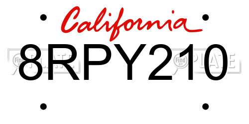 8RPY210 California License Plate