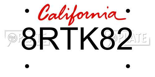 8RTK82 California License Plate
