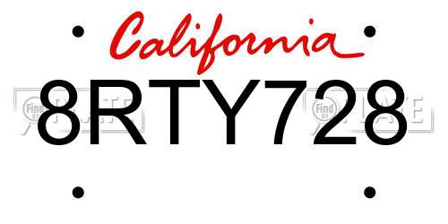 8RTY728 California License Plate