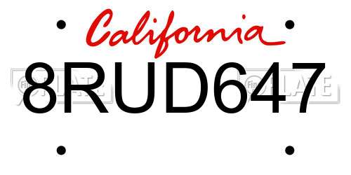 8RUD647 California License Plate