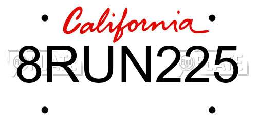 8RUN225 California License Plate