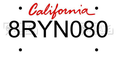 8RYN080 California License Plate