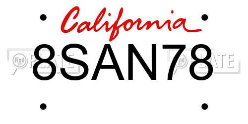 8SAN78 California License Plate