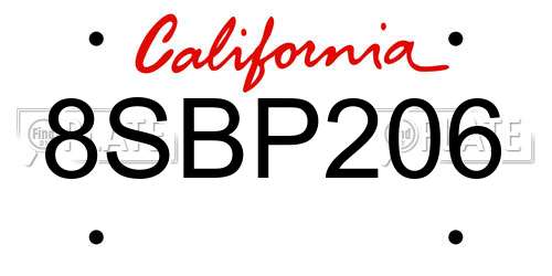 8SBP206 California License Plate