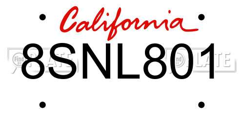 8SNL801 California License Plate