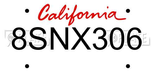 8SNX306 California License Plate