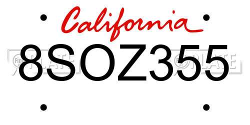8SOZ355 California License Plate
