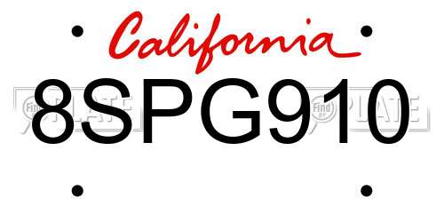 8SPG910 California License Plate