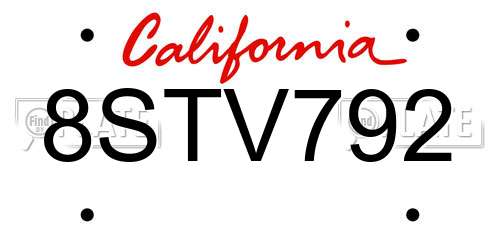 8STV792 California License Plate