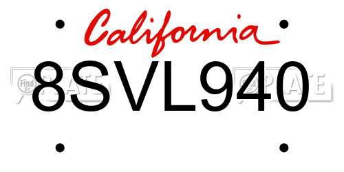 8SVL940 California License Plate