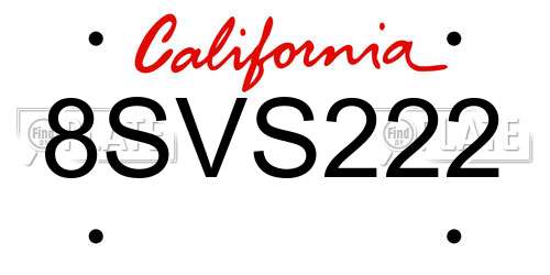 8SVS222 California License Plate