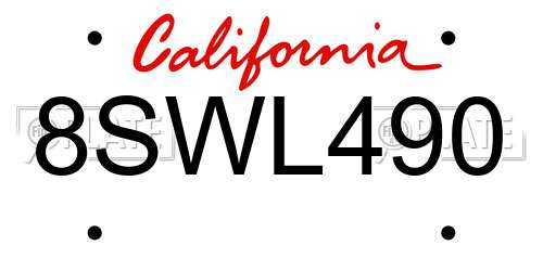 8SWL490 California License Plate