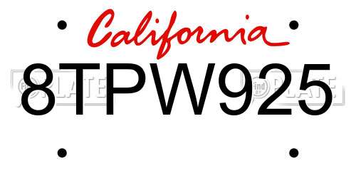 8TPW925 California License Plate