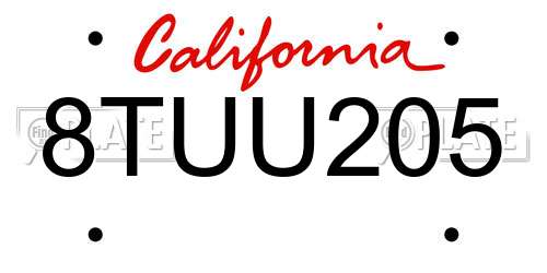 8TUU205 California License Plate