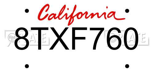 8TXF760 California License Plate