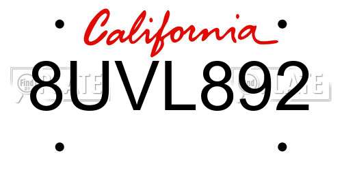 8UVL892 California License Plate