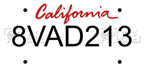 8VAD213 California License Plate