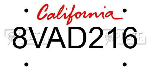 8VAD216 California License Plate