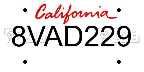 8VAD229 California License Plate