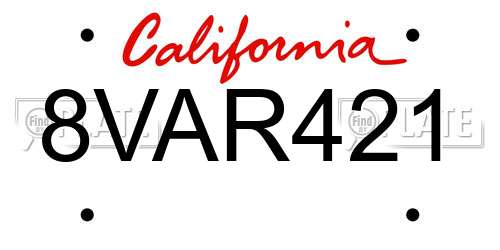 8VAR421 California License Plate